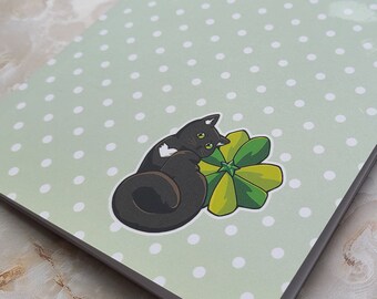 Custom Art 6x9" Green Luck Cat Notebook  | cute cat notebook, custom cover art, cat journal, Four Leaf Clover