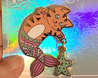 Purrmaid Enamel Pin 38.1 mm | Cute Cat pin, Magic and Cats, lapel pin, cat mermaid enamel pin, starfish, sea fantasy art, Cat Jewelry