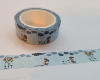 Rainy Days Cat Washi | Art Washi Tape, Bullet journal, Kitty Planner tape, Calico Cat with an umbrella, Rain and sunflowers washi tape