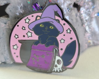 Witch Cat Enamel Pin 38.1 mm | Cute Cat pin, purple pin, lapel pin, witchy pin, black cat, Cat lover gift