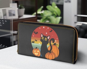 Chat D’halloween Zipper Wallet | portefeuille en faux cuir noir, portefeuille mignon effrayant, citrouilles et chauves-souris