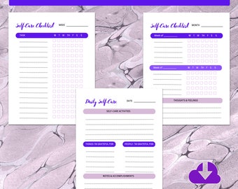 May include: A digital download featuring a self-care checklist with a purple and white design. The checklist includes weekly and monthly trackers, and a daily self-care planner. The text includes "Self Care Checklist" and "Digital Download".
