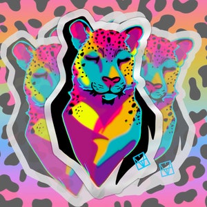 Neon Leopard Vinyl Sticker Leopard face, neon colors, 90s inpsired, bright colorful sticker, white or clear image 2