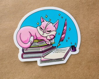 Parchment and Quill Cat Vinyl Sticker | Magic and Cats, Cute Cat Sticker, Kawaii Cat Sticker, Water Bottle Sticker