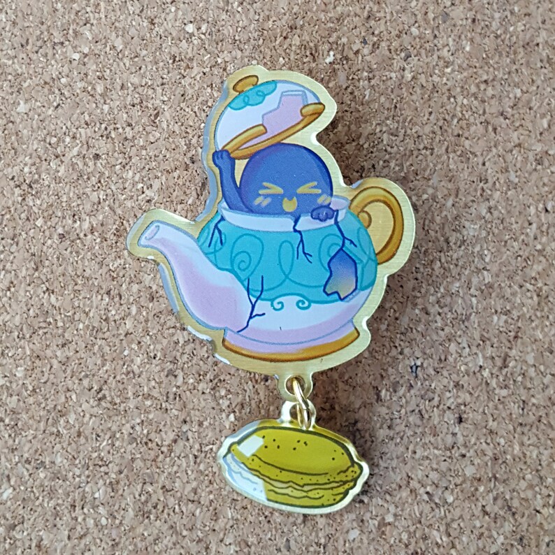 CLEARANCE Polteageist Lapel pins PKM Printed Lapel Pin with macaron dangle 57 mm Pokemon gift, ghost, cute, tea, pokemon pin, spooky image 5