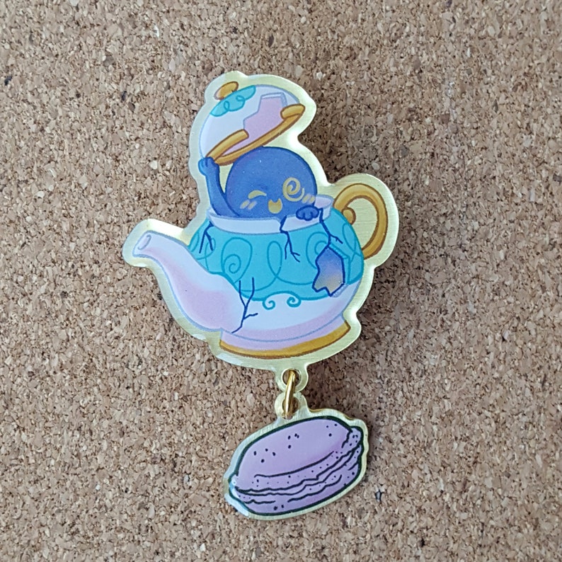 CLEARANCE Polteageist Lapel pins PKM Printed Lapel Pin with macaron dangle 57 mm Pokemon gift, ghost, cute, tea, pokemon pin, spooky image 4