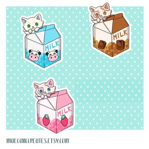 Naklejki winylowe Milk Cat | Słodka naklejka z kotem, naklejka z kwiatami, naklejka na butelkę z wodą, zabawna naklejka z kotem, kawaii koty