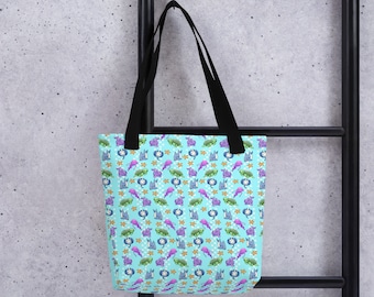Sea Frienz blue Tote Bag | Kawaii Ocean, Nautical, nature, jellyfish, stingrays, turtles, reusable shopping bag