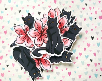 Cherry Blossom Spring Cat Vinyl Sticker | Cute Cat Sticker, Kawaii black cat sticker, Water Bottle Sticker, Cherry Blossom Flower