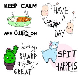 Pegatinas con mensajes positivos: vinilo, anime, kawaii, té, llama, curry, cactus, cosas que pasan, juegos de palabras, mantén la calma