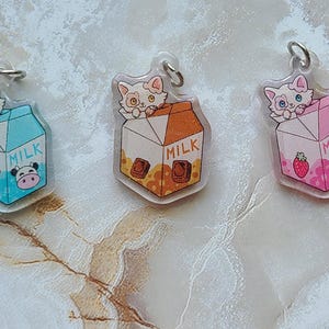 Milk Cat Acrylic Charm | Cat in a milk carton, charm for keychain, bag, jewelry, kawaii kitty, strawberry milk, chocolate milk