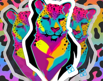 Neon Leopard Vinyl Sticker | Leopard face, neon colors, 90s inpsired, bright colorful sticker, white or clear