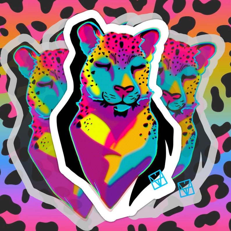 Neon Leopard Vinyl Sticker Leopard face, neon colors, 90s inpsired, bright colorful sticker, white or clear image 1