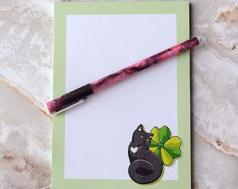 Lucky Cat Notepad 5x7 | Kitty notepad, black cat, cute notepad, four leaf clover, Stationery