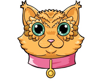 Uil-Kat Sticker | Kattenstickers, fantasiesticker, magie en katten, kattenstickers, oranje kat, roze halsband