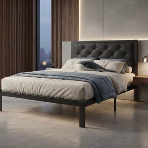 May include: A bed frame with a dark metal base and a tufted black headboard. The bed is dressed in light-colored bedding, a blue throw blanket, and a small whale-shaped plush toy resting on the pillows. A floating wooden nightstand is attached.