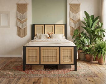 Twin Bed Frame, Rattan Headboard, Black Metal Platform Bed, Industrial Boho Bed, Natural Oak Finish, Space Saving Bed with Underbed Storage