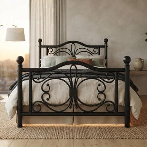 May include: A black metal bed frame featuring a headboard and footboard with curved, scroll-like decorative patterns. The frame has four vertical posts topped with spherical finials and a central horizontal bar connecting the scrollwork.