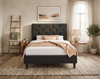 Twin Bed Frame with Adjustable Tufted Headboard, Black Upholstered Platform Bed, Under Bed Storage, No Box Spring Needed