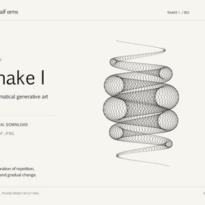 Op de afbeelding: Een digitale print getiteld Snake I met wiskundige generatieve kunst. Het ontwerp toont een zwarte lijntekening van een herhalend, roterend spiraalpatroon op een lichte achtergrond. De tekst bevat differentialForms, Snake I, A3 digital download, SVG/PDF/PNG en An exploration of repetition, rotation and gradual change.