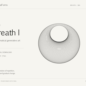 May include: A digital print titled Breath I featuring mathematical generative art. The design displays a black circular geometric pattern composed of fine intersecting lines on a light background. Text includes differentialForms, Breath I, A3 DIGITAL DOWNLOAD, SVG/PDF/PNG, and An exploration of repetition, rotation and gradual change.