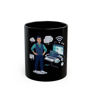 Taza ilustrada de técnico informático masculino / Taza de café de cerámica negra, diseño para escritorio de tecnología