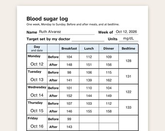 Blood Sugar Log Printable, Large Print, Weekly and Monthly Glucose Tracker, Diabetes, Fillable PDF