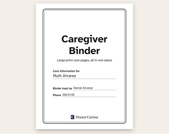 Pasta do Cuidador Imprimível, Letra Grande, 39 Páginas, Lista de Medicamentos, Registro Diário de Cuidados, PDF Preenchível