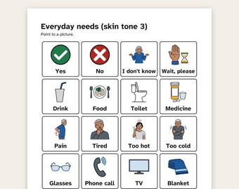 Quadro de comunicação para adultos, com imagens de necessidades diárias em letras grandes, escala de dor, alfabeto e PDF para impressão.