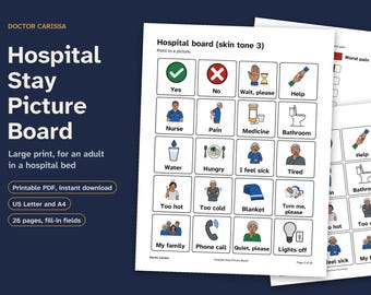Kommunikationstafel für Erwachsene im Krankenhaus, großgedruckte Bildtafel, Schmerzskala, Alphabet, Hinweisschild fürs Patientenbett, druckbare PDF-Datei für Angehörige und Personal
