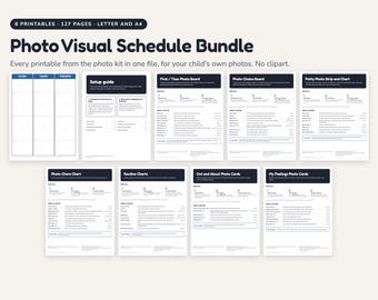 Fotovisuelles Stundenplan-Set für Ihre eigenen Fotos, „Erst-Dann“-Tafel, Wahltafel, Aufgabenplan, Routine- und Toilettenplan, PDF im A4-Format
