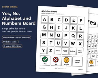 Alphabettafel zur Kommunikation, Ja/Nein-Tafel, Buchstaben- und Zahlentafel für Erwachsene, ABC und QWERTY, Großdruck, druckbare PDF-Datei