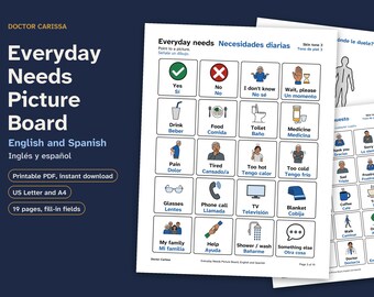 Kommunikationshilfe für Erwachsene (Spanisch), zweisprachige Bildtafel (Englisch/Spanisch), Schmerzskala, Alphabet, PDF