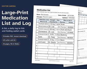 Medikamentenliste und tägliches Medikamentenprotokoll in Großdruck zum Ausdrucken, Medikamenten-Tracker, Brieftaschenkarte, Nahrungsergänzungsmittel, ausfüllbares PDF, Letter und A4