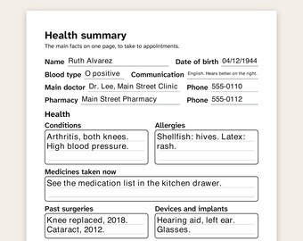 Formulário de Histórico Médico para Imprimir, Letra Grande, Registro e Resumo de Saúde Pessoal, PDF Preenchível
