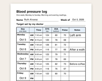 Planilha de registro de pressão arterial para imprimir, em fonte grande, semanal e mensal, matinal e vespertina, em PDF preenchível.