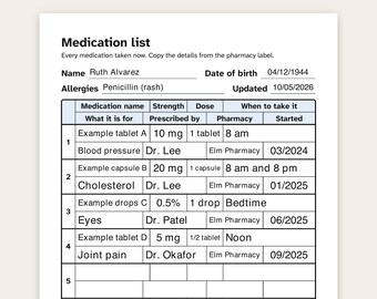 Lista de medicamentos e registro para impressão, letra grande, rastreador diário, cartão de bolso, suplementos, PDF preenchível