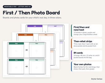 Erste-Dann-Tafel zum Ausdrucken für eigene Fotos, Jetzt-und-Als-Tafel, leere Fotokarten, visueller Stundenplan für Kleinkinder, PDF, Letter und A4