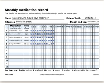 Medication Administration Record Printable, Large Print Monthly MAR Template for Family Caregivers, Fillable PDF