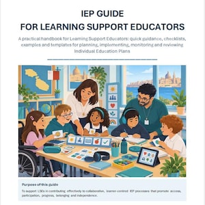 Op de afbeelding: Een handboek getiteld IEP GUIDE FOR LEARNING SUPPORT EDUCATORS met een illustratie van twee volwassenen en vijf kinderen in een klaslokaal. De omslag bevat tekst over het plannen, implementeren, monitoren en beoordelen van onderwijsplannen.