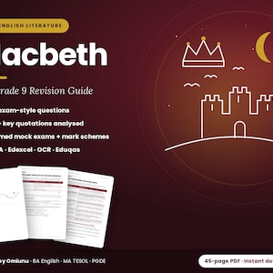 May include: A digital revision guide for GCSE English Literature titled Macbeth. The maroon cover features white text, a line-art illustration of a castle, crown, sword, and crescent moon, plus a list of contents and exam board compatibility.