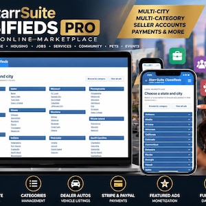 Könnte beinhalten: Ein Laptop und ein Smartphone mit der Benutzeroberfläche der StarrSuite Classifieds Pro Website. Die Bildschirme zeigen ein lokales Marktplatz-Layout mit Menüs zur Auswahl von Bundesstaaten und Städten vor einer Stadtkulisse.