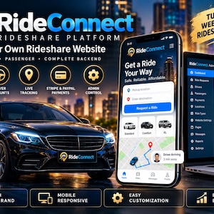 Op de afbeelding: RideConnect rideshare platform software met een zwarte sedan, een smartphone met een ritverzoekinterface en een laptop die een admin-dashboard toont met tools voor analyses, chauffeurs, passagiers en betalingsbeheer.