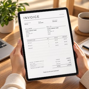 May include: A digital tablet displaying a black and white invoice template with the header INVOICE, fields for invoice number INV-001, dates, bill from and bill to sections, a table with service descriptions, quantities, prices, and a total of 1,100.00.