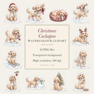 Puede incluir: Una colección de ilustraciones en acuarela que muestran perros Cockapoo de color marrón claro en varias escenas de invierno y festivas, con bufandas, jugando en la nieve y cerca de árboles de Navidad, con el texto Christmas Cockapoo WATERCOLOUR CLIPART.