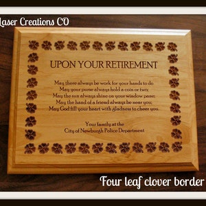 RETIREMENT PLAQUE 8 x 10 4Leaf Clover Border, Irish Poem image 1