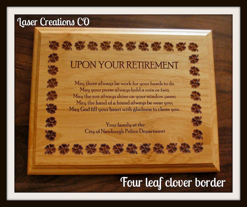 RETIREMENT PLAQUE 8 x 10 4Leaf Clover Border, Irish Poem image 1