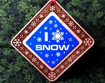 I Love Snow Ornament, Alder Wood, Aluminum Insert