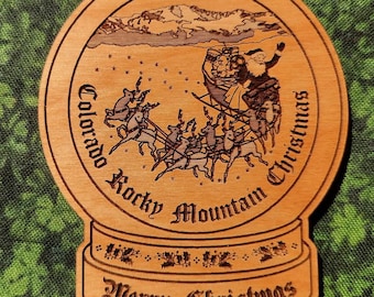 Snow Globe Ornament, Colorado Rocky Mountain Christmas, Alder Wood