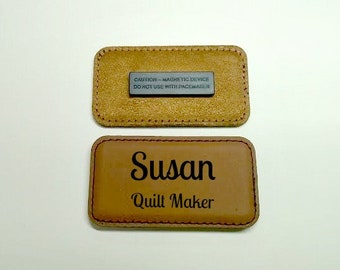 LEATHER Name Tag with Triple Magnet Back, Laser Engraved, Personalized with Title, The Softer Side of Name Tags, Top Quality & Professional